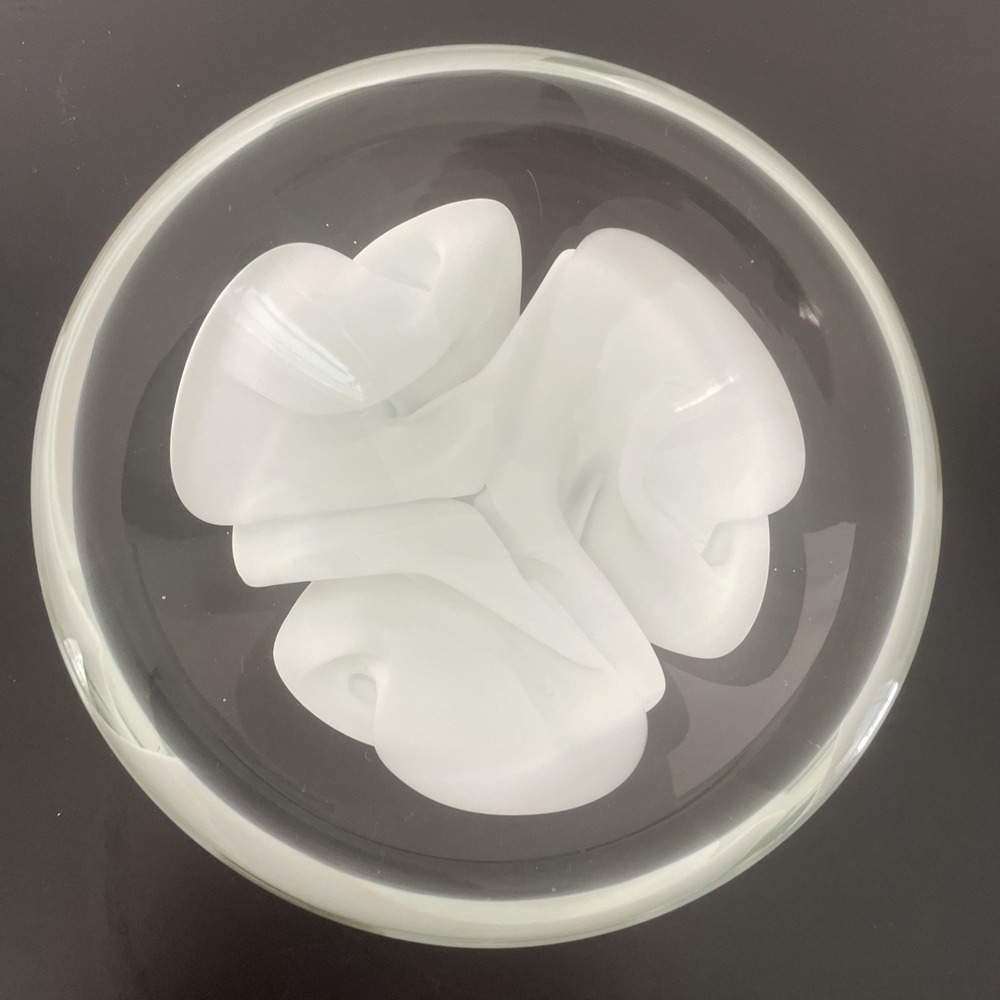 Vintage Art Glass Bowl Paperweight 1980 5.25"Michael Nourot Studio Clear w/White
